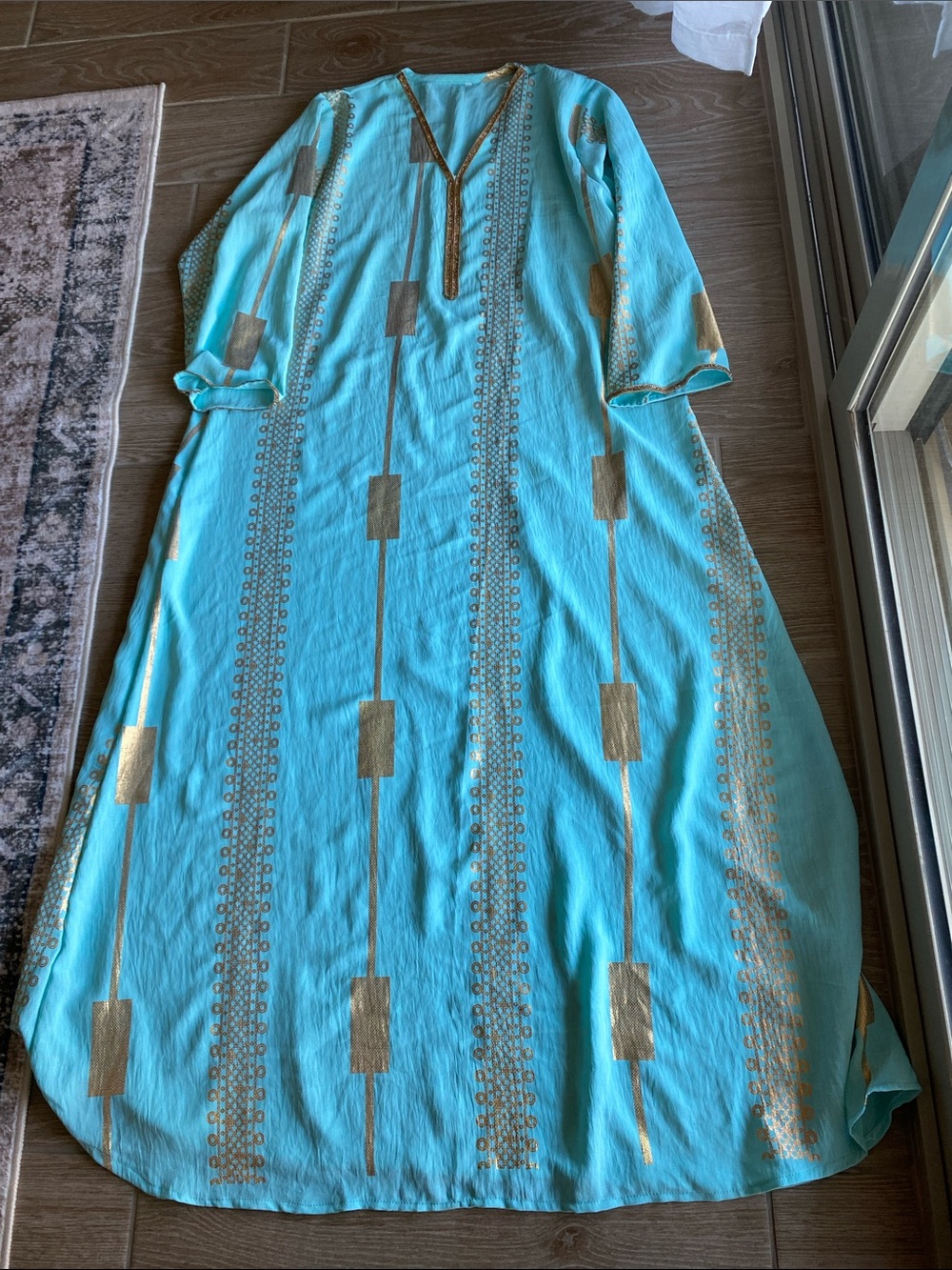 Aqua Gold-Print Long Women's Dress Kaftan